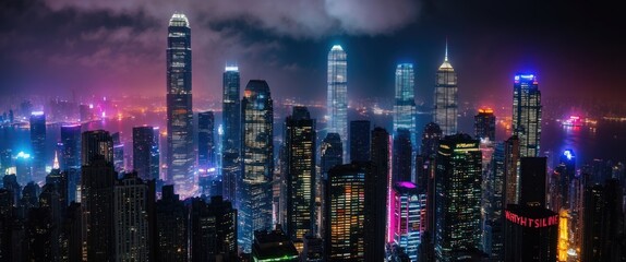 Obraz premium A vibrant city skyline at night, illuminated by colorful lights, showcasing modern architecture and a dynamic urban atmosphere
