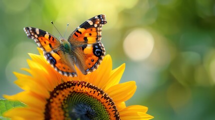 Obraz premium Close-up of a butterfly on a sunflower, with space for text.