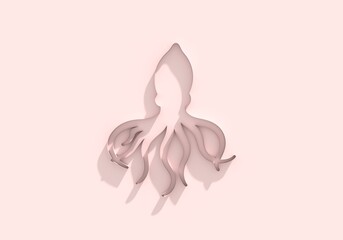 Squid with tentacles. Cartoon sea and ocean animal. Cute giant kraken monster of fantasy story, cartoon creepy underwater cuttlefish. Emblem for the menu of the seafood market or restaurant. 3D render