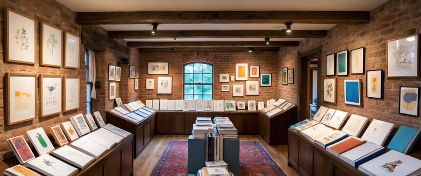 A cozy art gallery showcasing various prints and illustrations, perfect for cultural events and artistic inspiration