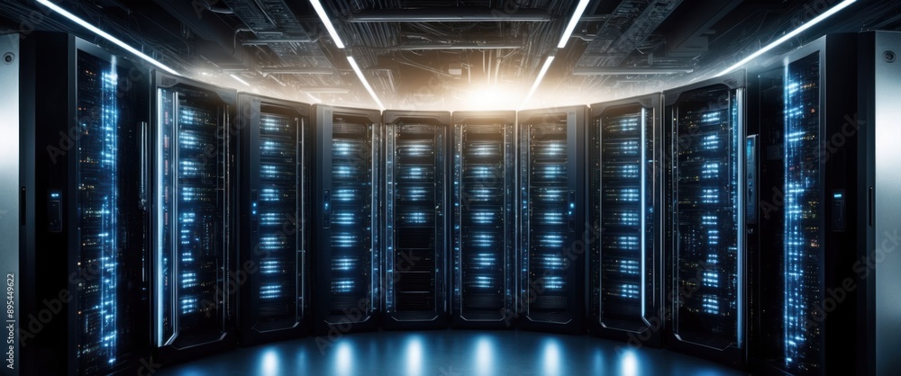 Aufkleber a modern data center filled with high tech servers, emphasizing innovation and reliability in techno