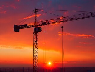 Dramatic Crane Silhouette Against Vibrant Sunset Sky