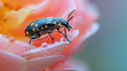 Naklejka premium Macro image of a beetle on a pink rose, with a natural background.