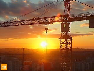 Crane Silhouetted Against Vibrant Sunset Over Urban Skyline