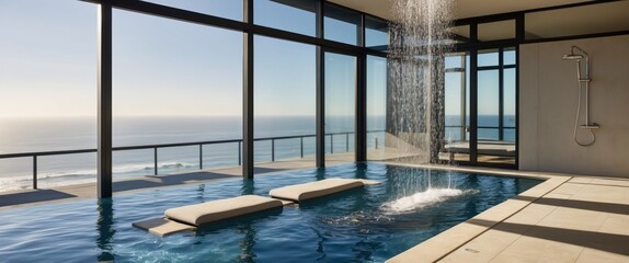 A serene, modern pool and spa area with ocean views, perfect for relaxation and luxury living