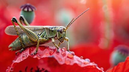 Macro image of a grasshopper on a red poppy, with plenty of copy space.