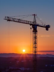 Silhouetted Construction Crane against Vibrant Sunset Skyline