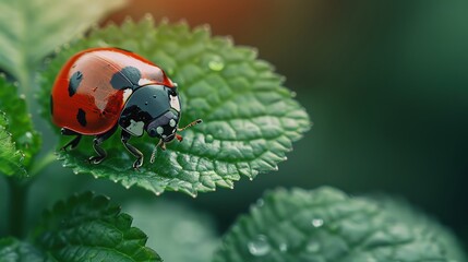 Obraz premium Macro shot of a ladybug on a green leaf, with space for text.