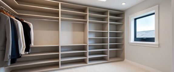 Fototapeta premium A spacious, modern closet showcasing minimalist shelving, ideal for organizing clothing and enhancing home aesthetics