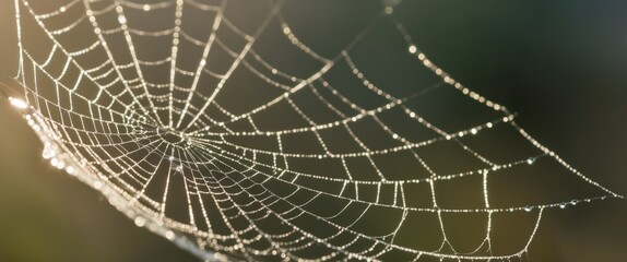 Obraz premium An intricate spider web glistening with dew drops, reflecting soft sunlight, showcasing nature's delicate beauty and artistry