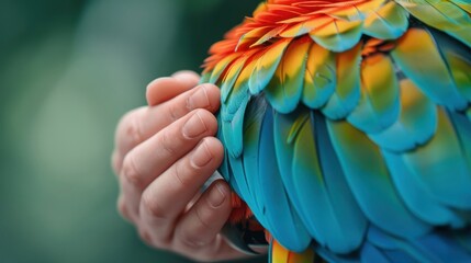 Obraz premium A hand intertwined with the feathers of a parrot.