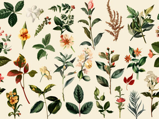 botanical leaves, spices, vintage flowers, beige background . AI generative. AI generative.