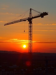 Majestic Crane Silhouette against Breathtaking Sunset Landscape