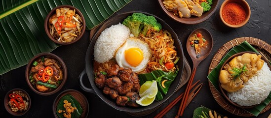 Asian cuisine feast. Flat lay of colorful, diverse dishes with rice, noodles, meat, and vegetables. Perfect for food blog, restaurant menu, or culinary website.