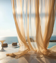 Modern minimalistic outdoor terrace with ocean view and linen curtains - interior design magazine style