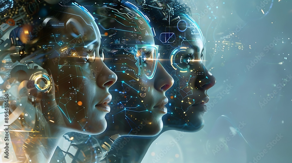 Poster digital portrait of three faces for concept of exploring artificial intelligence and digital identit