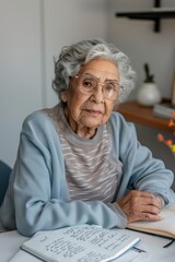 Elderly Hispanic Woman Reflecting on Life Experiences While Journaling at Desk for National Gorgeous Grandma Day - Thoughtful Expression, Daytime, Cozy Attire