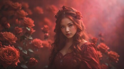 Generative AI, A young woman adorned in red, surrounded by blooming roses, symbolizing beauty, passion, and elegance
