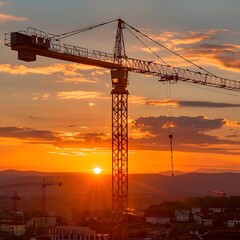 Dramatic Sunset Silhouette of Construction Crane Dominating Urban Skyline
