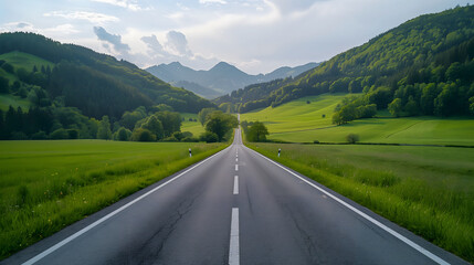 Naklejka premium Panoramic road landscape among green mountains. View of asphalt road in beautiful nature landscape. Road view in the beautiful nature of Europe. Bavaria, Germany.