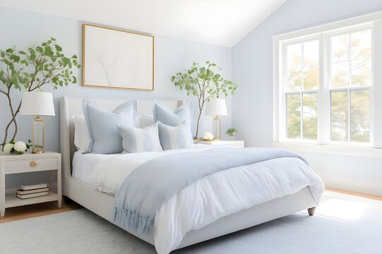 Bedroom Interior with Pastel Blue Shades. Frame Mockup. Copy Space