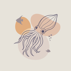 Squid with tentacles. Cartoon sea and ocean animal. Cute giant kraken monster of fantasy story, cartoon creepy underwater cuttlefish. Thin lines style emblem for the menu of the seafood restaurant.