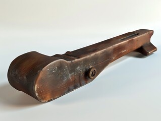 A beautifully aged wooden plane with a rich patina resting on a white surface The tool's smooth lines and detailed construction are emphasized by the plain background