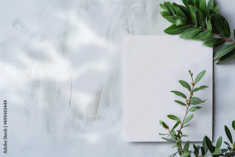 Poster minimalistic mockup with empty soft white surface featuring vibrant green sprigs in natural setting 
