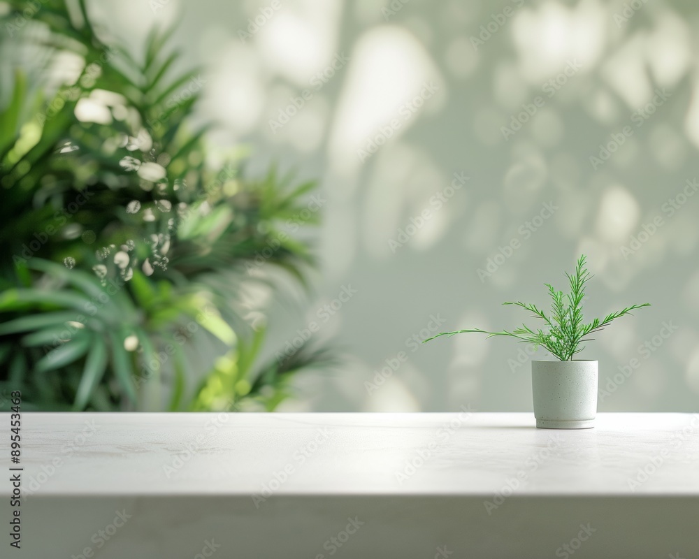Poster minimalist soft white table surface with botanical bokeh background - fresh natural atmosphere, dayt