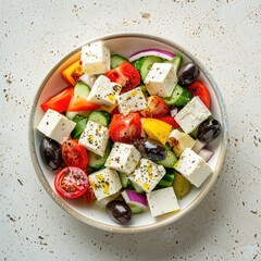 Fresh and Colorful Greek Salad with Feta Cheese and Kalamata Olives on Sandy Beige Granite Countertop, Top View Shot