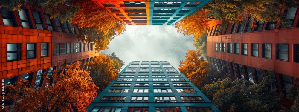 Poster Lower view of several buildings with beautiful patterns.