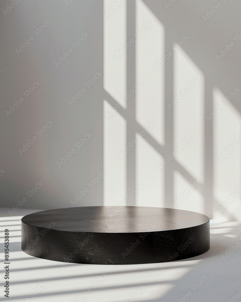 Poster minimalist vibrant black circular podium on soft white background with diffused natural lighting and