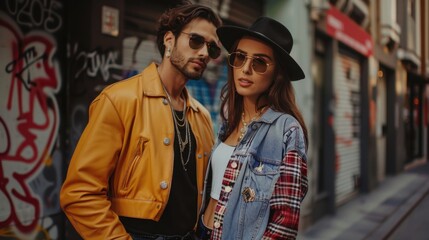 Fototapeta premium Trendy Urban Love - Fashionable Couple Posing in Stylish City Scene