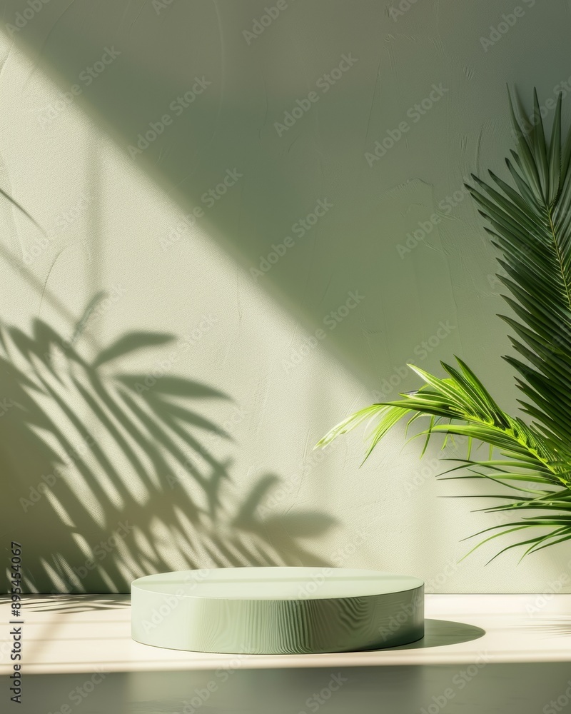 Poster minimalist green podium on monochromatic background with natural soft lighting and shadows