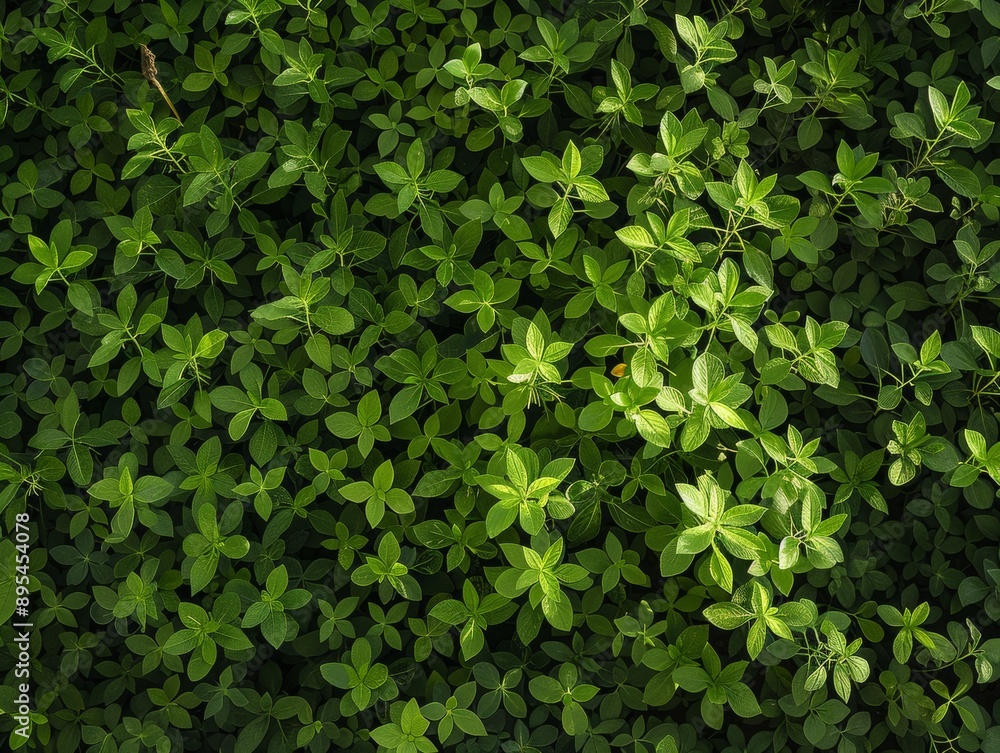 Poster aerial view of vibrant green sprigs, geometrically patterned symmetrical background, captured in sof