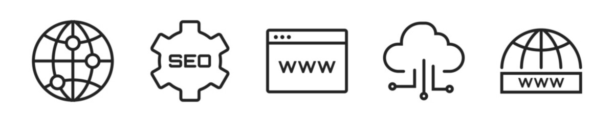 SEO icon set. Set of 5 outline icons related to Search Engine Options. Linear icon collection. SEO business outline icons collection. Editable stroke. Vector illustration.