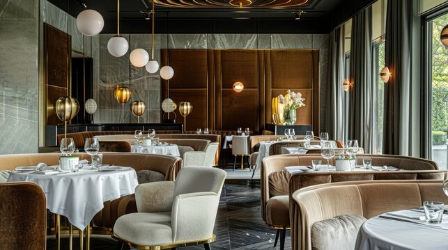 Luxurious High-End Restaurant Interior with Michelin-Star Ambiance, Velvet Booths, and Gold Accents