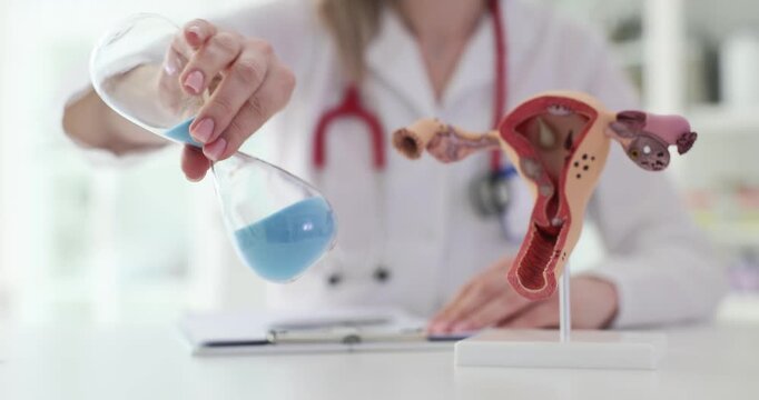 Doctor turns hourglass at workplace with uterus model