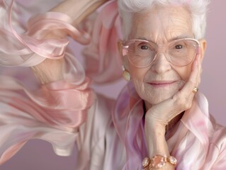 Elegant Elderly Woman with Bold Fashion Sense Posing Confidently in Vibrant Clothing and Accessories during Golden Hour Indoors