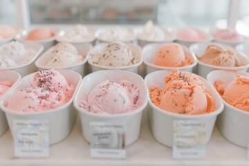 Freshly Presented Assorted Gourmet Vanilla Ice Creams with Creative Flavors in a Chic Boutique Ice Cream Shop, Morning Light, Happy and Delightful Mood