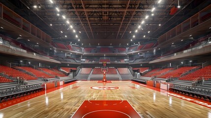 Empty Basketball Stadium with Illuminated Court and Seats