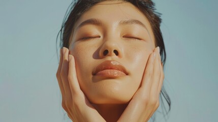 Radiant Asian Woman Practicing Facial Yoga for Healthy Skin Elasticity and Beauty