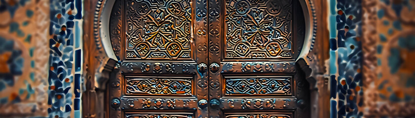 Intricate Carved Wooden Door with Geometric Patterns Illustration