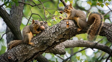 Obraz premium Squirrels Frolicking in a Majestic Oak Tree Canopy - Adorable Rodents Gathering Acorns Amid Lush Green Foliage