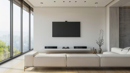 Minimalist media room with a flat-screen TV and simple seating, copy space.