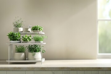 Small Space Indoor Gardening in Bright Kitchen with Tiered Herb and Microgreen Shelf, Natural Light, Daytime, Fresh and Tranquil Atmosphere