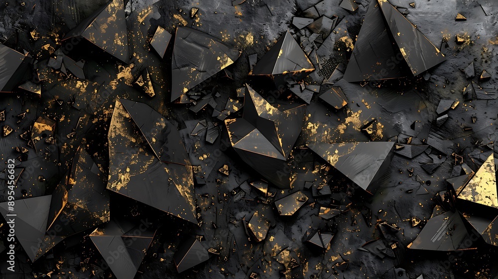 Poster abstract black gold pyramid geometric shape with surface pattern texture background for modern luxur