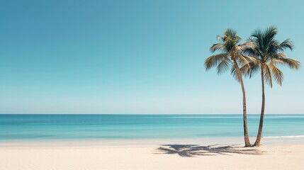 Fototapeta premium Sandy Beach with Palm Trees and Clear Blue Ocean, Tropical Vacation, Relaxation, and Summer, Serene and Scenic Coastal Landscape