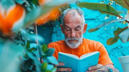 Solitary Moment of Self-Care Middle-Aged White Man Reading at Cozy Naturally Lit Restaurant During Daytime