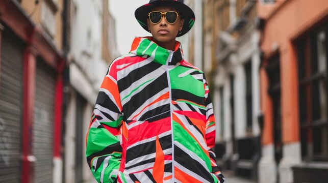 A vibrant streetwear outfit combining bold colors, graphic prints, and oversized silhouettes, styled in an urban setting